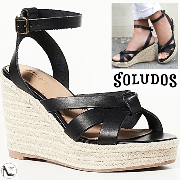 Soludos Shoes - Soludos Charlotte Knotted Black Leather Wedge Espadrille Platform Sandal 10
